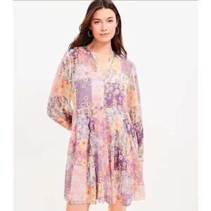 Loft Gauzy Patchwork Print Babydoll Fairy Twee Boho Mini Dress Sz. M